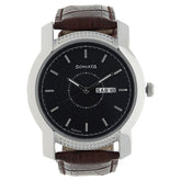 Sonata Men's Watch Analog Black Dial With Brown Leather Strap, 7093SL05